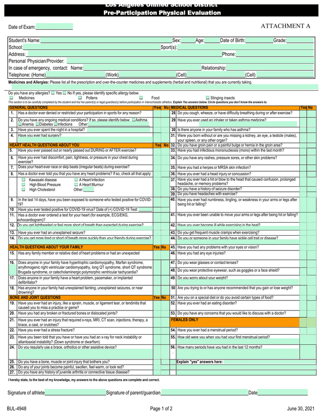 Athletic Participation Form screenshot