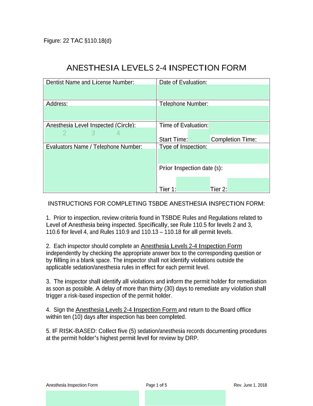 ANESTHESIA LEVELS 2 4 INSPECTION FORM screenshot