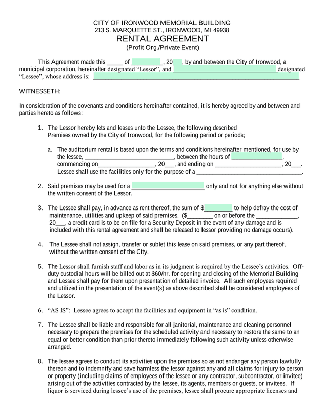 City Of Ironwood Memorial Building Rental Agreement screenshot
