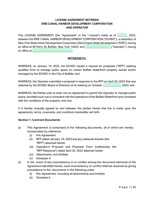 License Agreement Between Erie Canal Harbor Development Corporation And Operator screenshot