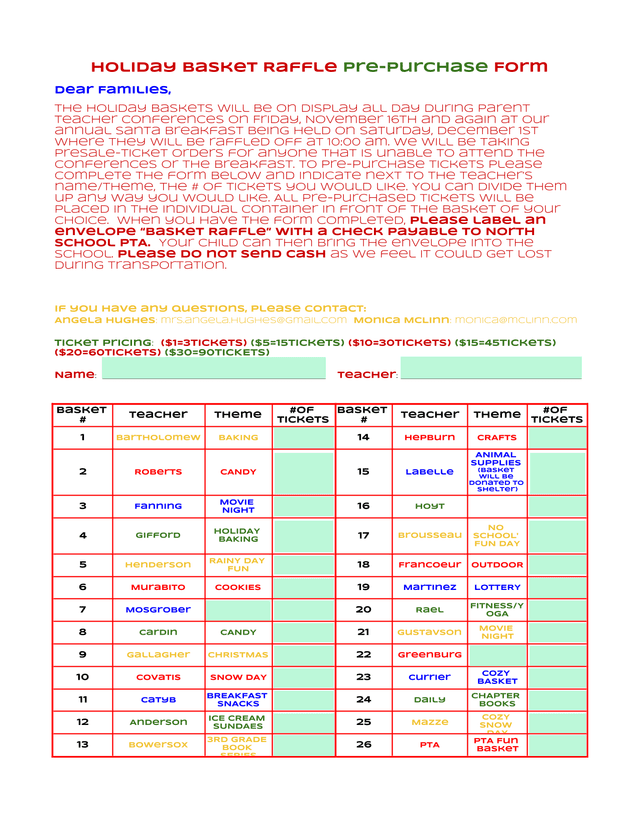 Holiday Basket Raffle Pre Purchase Form screenshot