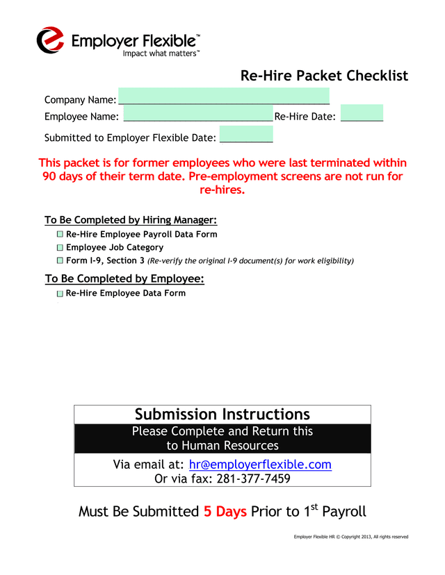 Re Hire Packet Checklist screenshot