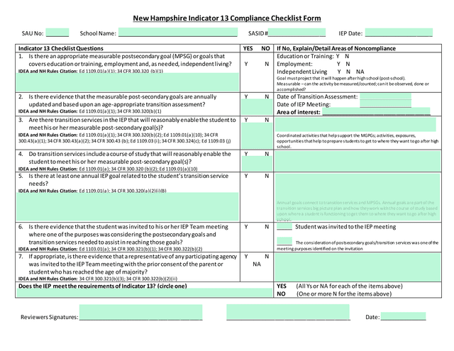 New Hampshire Indicator 13 Compliance Checklist Form screenshot