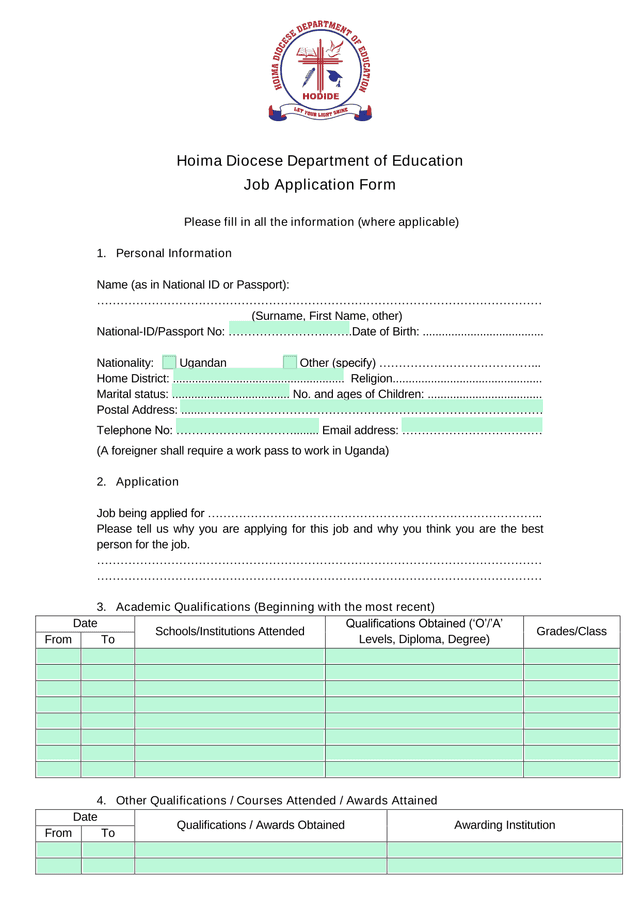 Hoima Diocese Department Of Education Job Application Form screenshot