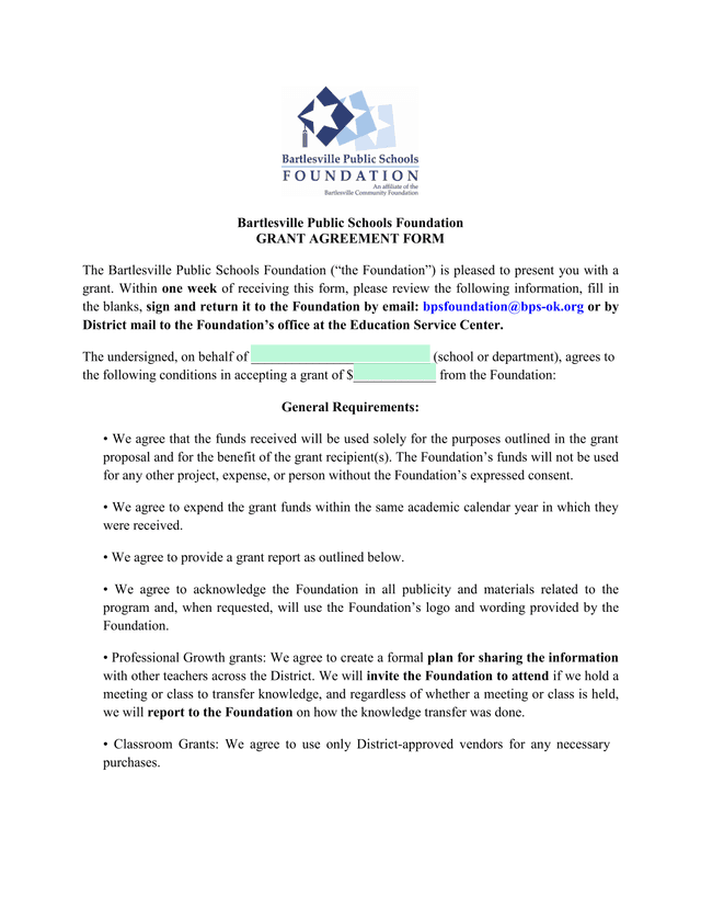 Grant Agreement Form screenshot