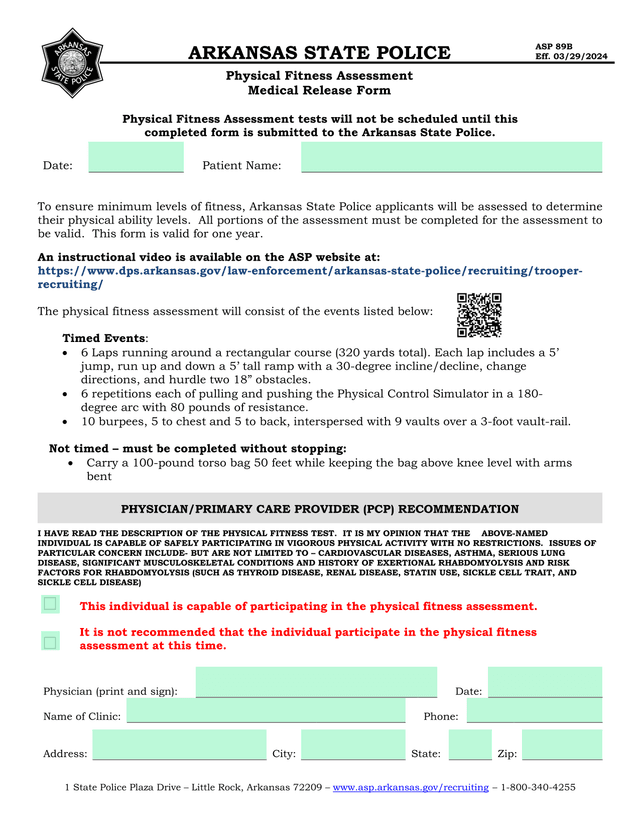 Arkansas State Police Physical Fitness Assessment Form screenshot