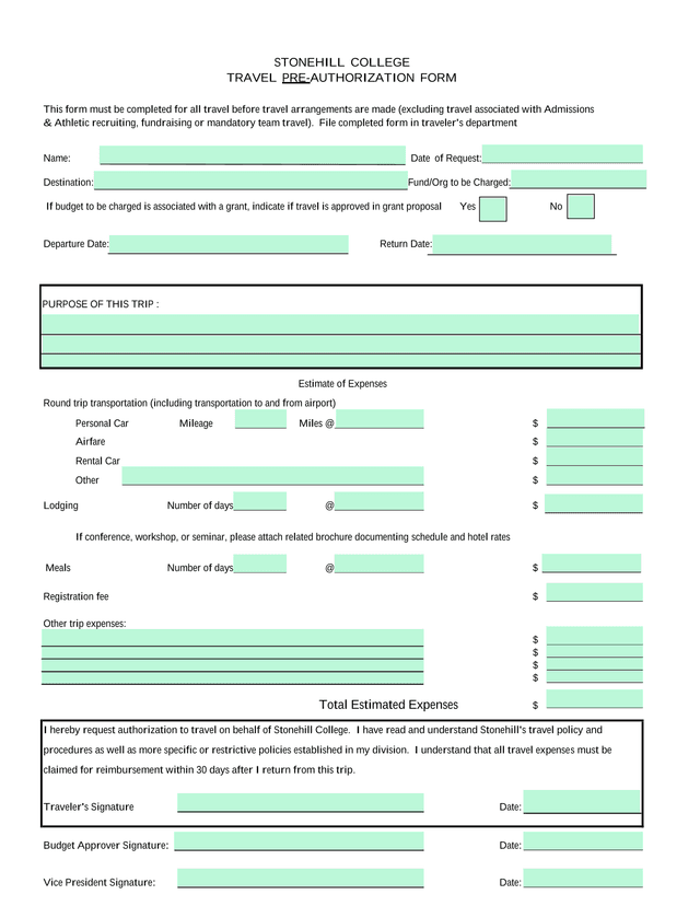 Stonehill College Travel Pre Authorization Form screenshot