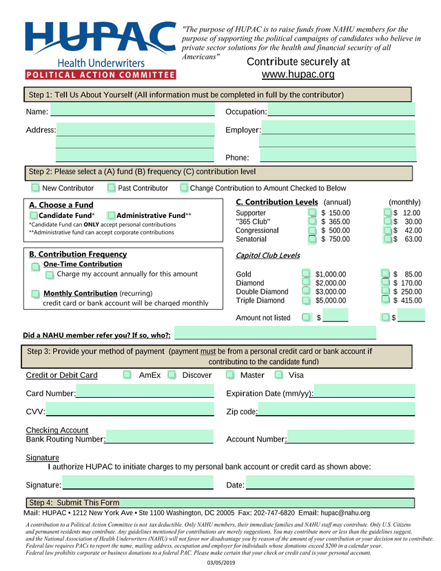 HUPAC Contribution Form screenshot