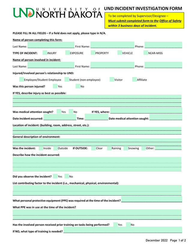 UND Incident Investigation Form screenshot