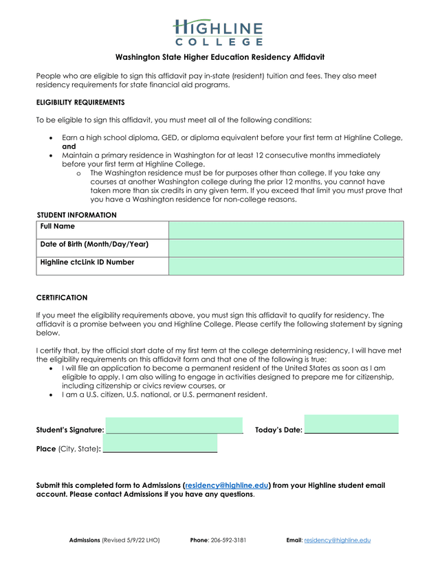 Washington State Higher Education Residency Affidavit screenshot