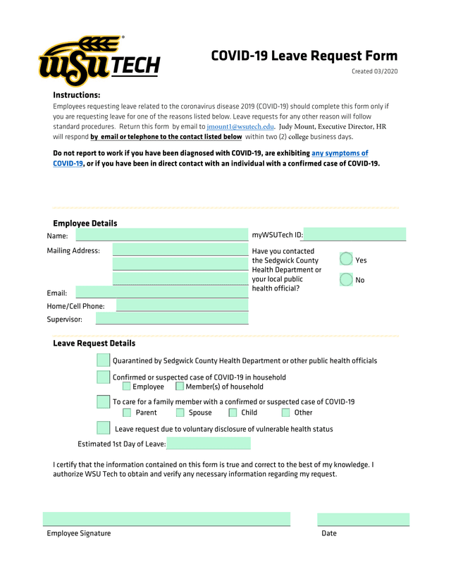 COVID 19 Leave Request Form screenshot