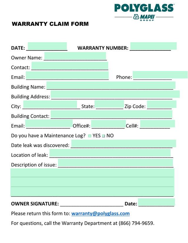 WARRANTY CLAIM FORM screenshot