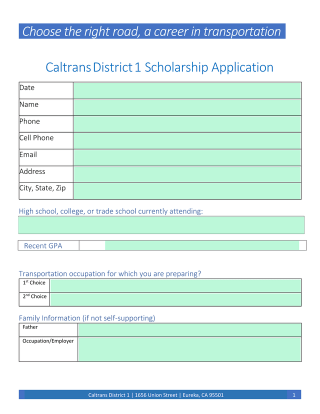 Caltrans District 1 Scholarship Application screenshot