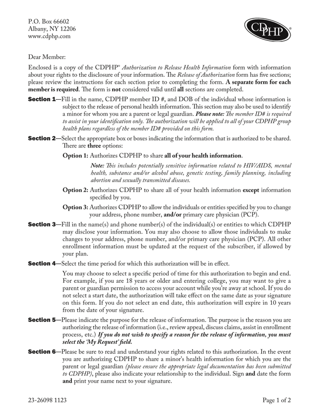 CDPHP Authorization To Release Health Information screenshot