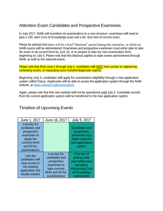 NAB Examination Transition Announcement screenshot