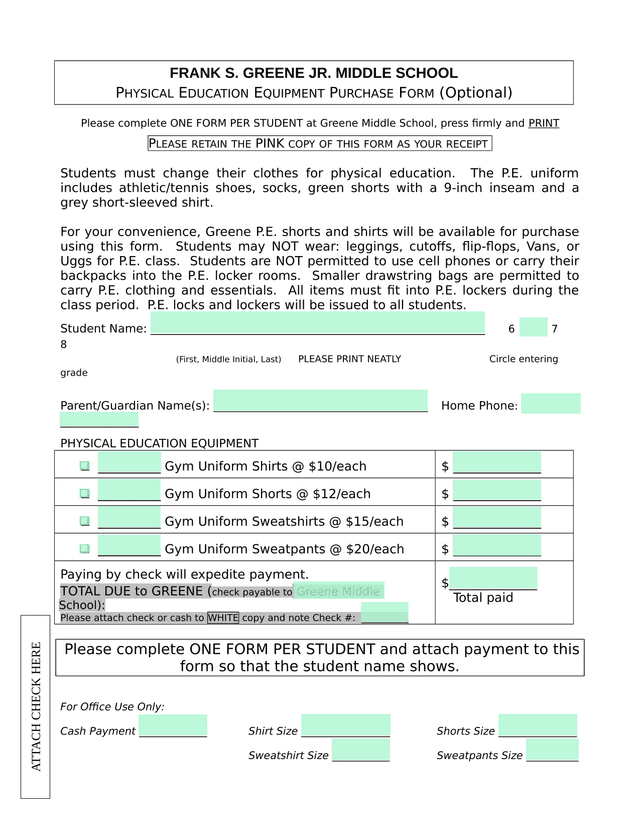 Physical Education Equipment Purchase Form screenshot