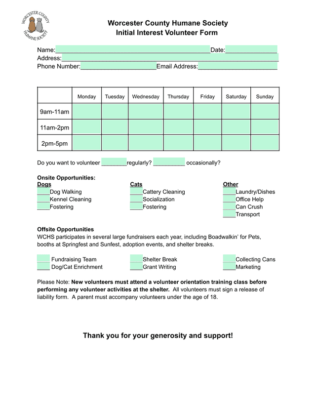Initial Interest Volunteer Form screenshot