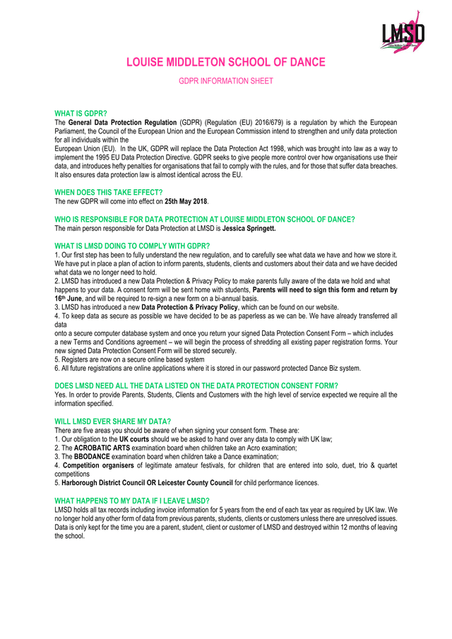 GDPR Information Sheet screenshot