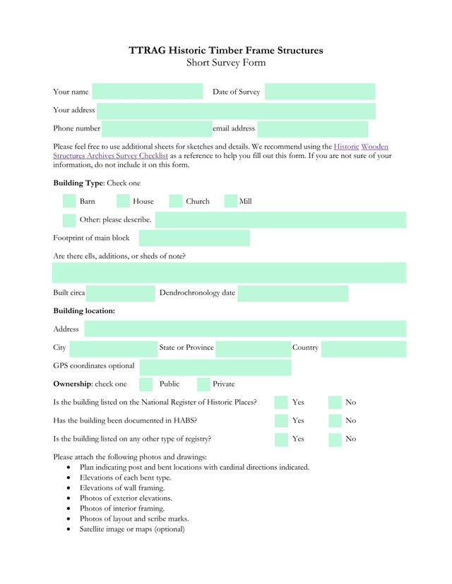TTRAG Historic Timber Frame Structures Short Survey Form screenshot