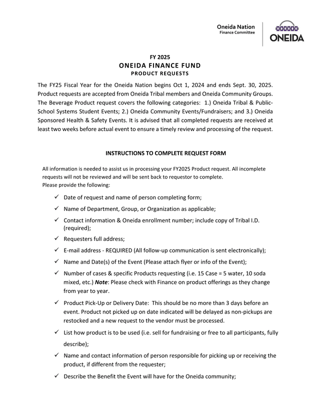 FY 2025 Oneida Finance Fund Product Requests screenshot
