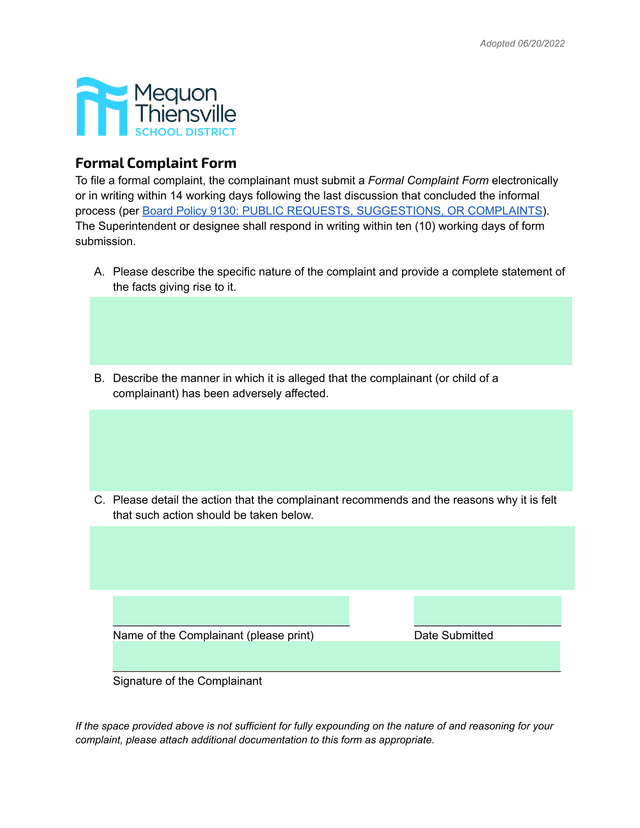 Formal Complaint Form screenshot