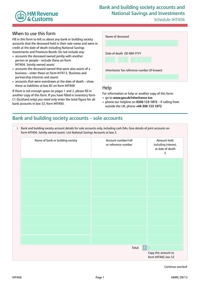 Schedule IHT406 Bank And Building Society Accounts And National Savings And Investments screenshot