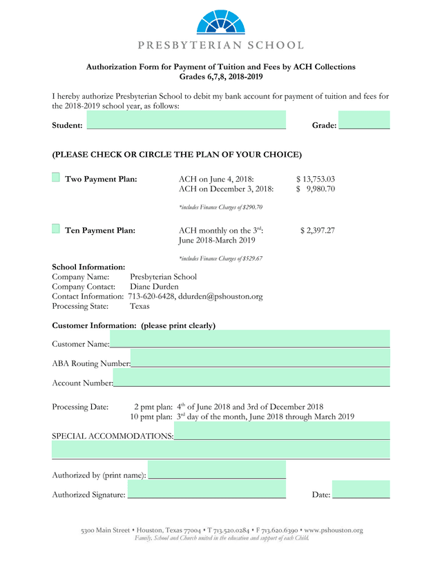 Authorization Form For Payment Of Tuition And Fees By ACH Collections screenshot