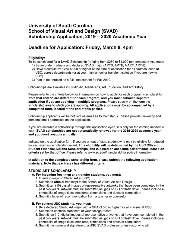 University Of South Carolina School Of Visual Art And Design (SVAD) Scholarship Application, 2019  2 screenshot