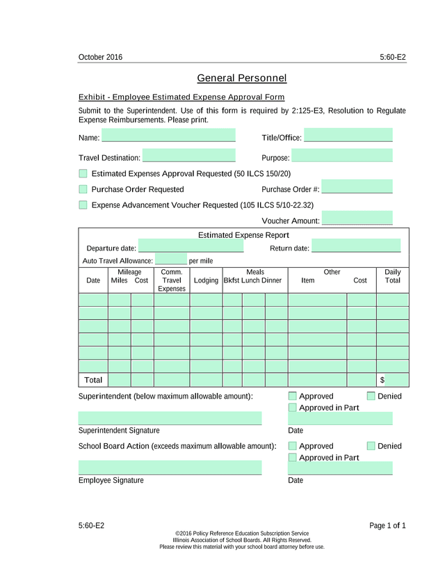 Employee Estimated Expense Approval Form screenshot