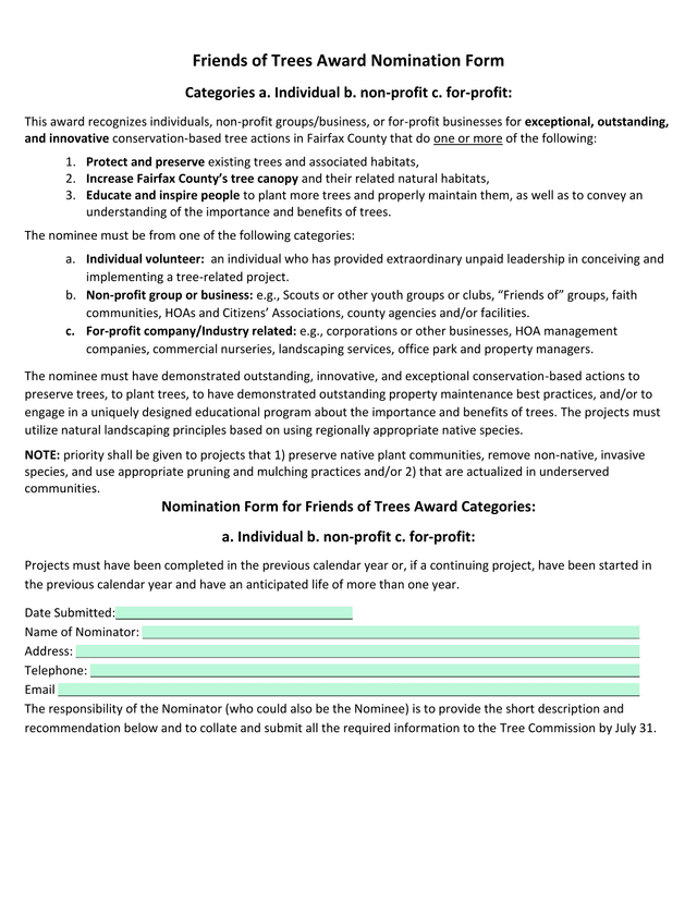 Friends Of Trees Award Nomination Form screenshot