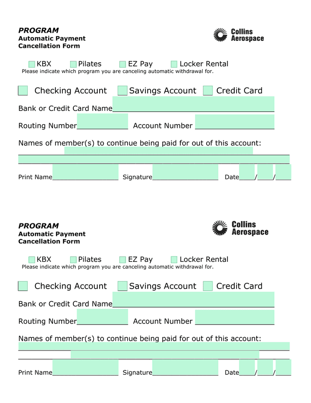 Automatic Payment Cancellation Form screenshot
