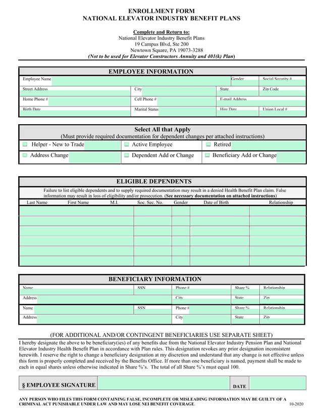 ENROLLMENT FORM   NATIONAL ELEVATOR INDUSTRY BENEFIT PLANS screenshot