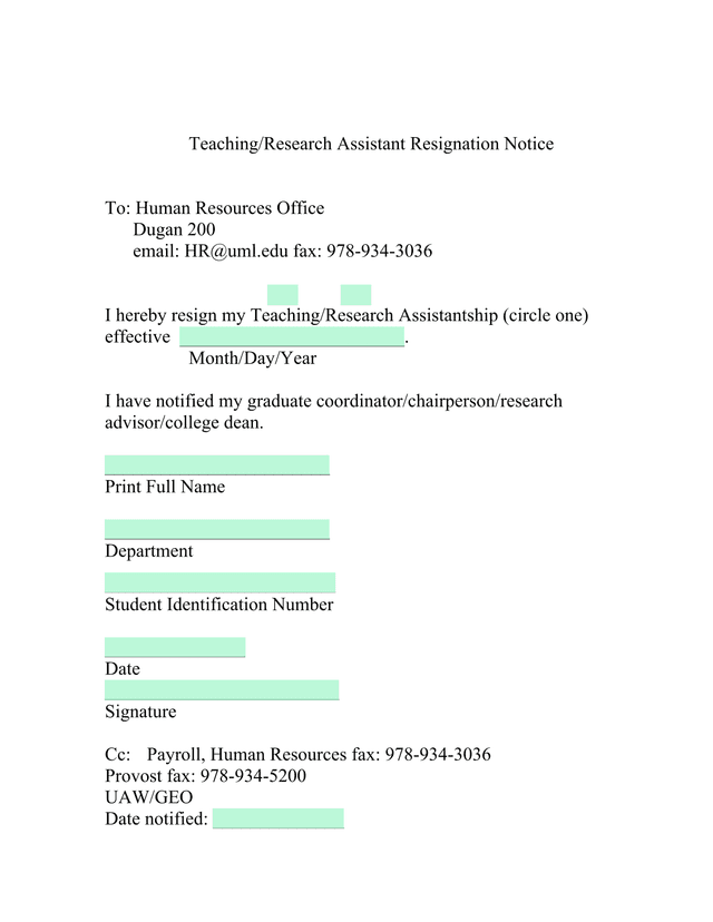 TeachingResearch Assistant Resignation Notice screenshot