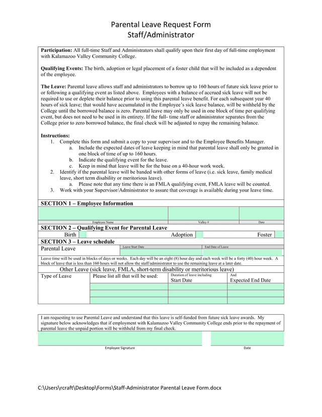 Parental Leave Request Form screenshot