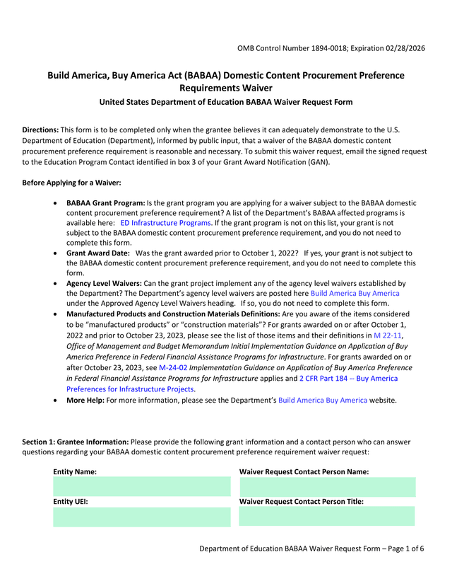 Build America, Buy America Act (BABAA) Domestic Content Procurement Preference Requirements Waiver screenshot
