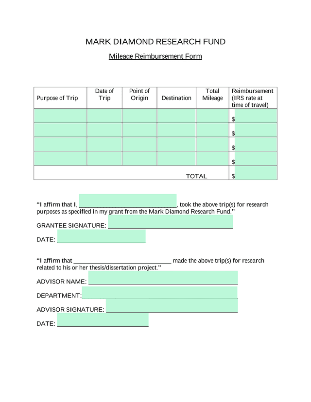 Mileage Reimbursement Form screenshot