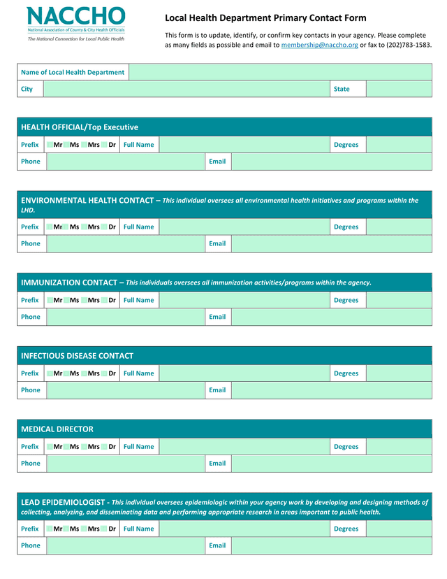 Local Health Department Primary Contact Form screenshot