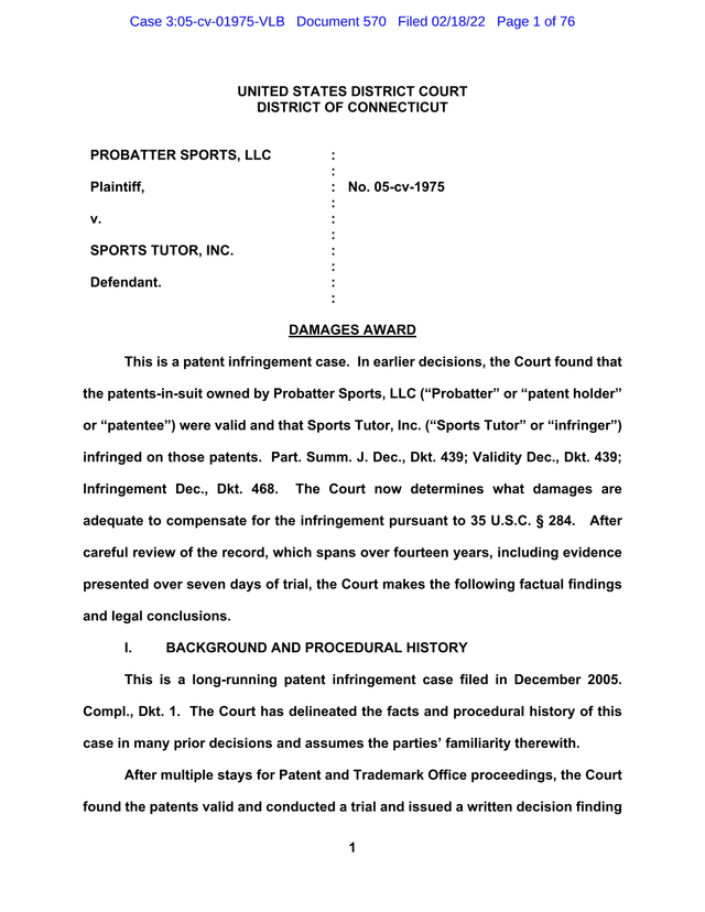 United States District Court   Probatter Sports, LLC V. Sports Tutor, Inc.   Damages Award screenshot