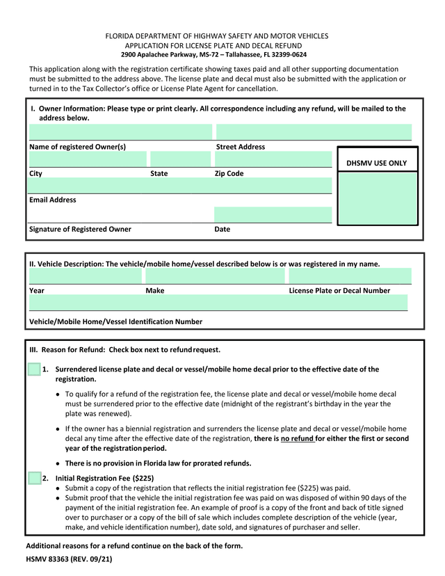 APPLICATION FOR LICENSE PLATE AND DECAL REFUND screenshot