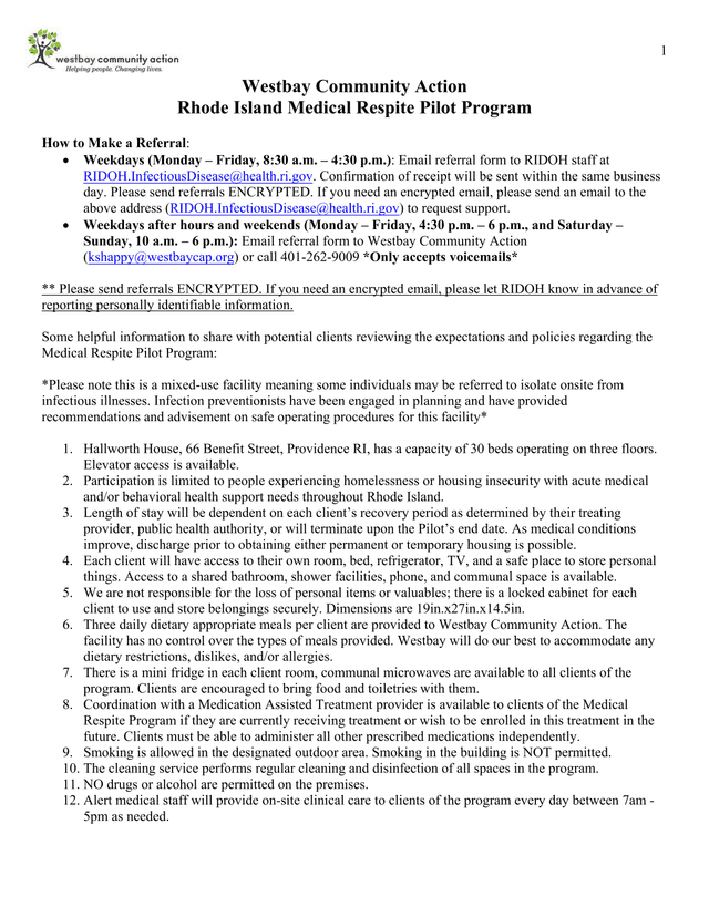 Westbay Community Action Rhode Island Medical Respite Pilot Program Referral Guide screenshot
