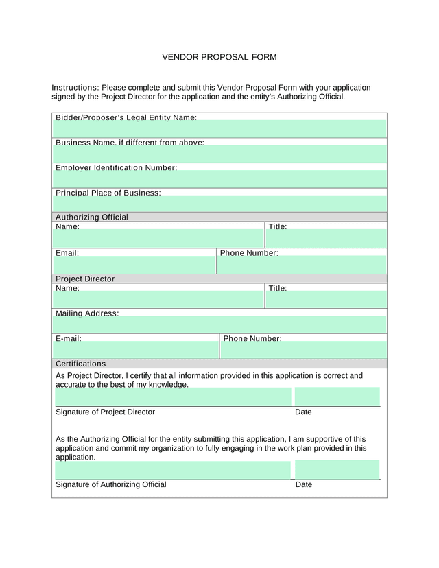 Vendor Proposal Form screenshot