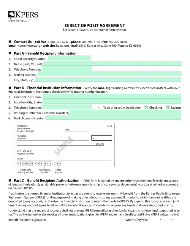 KPERS 15B Direct Deposit Agreement screenshot