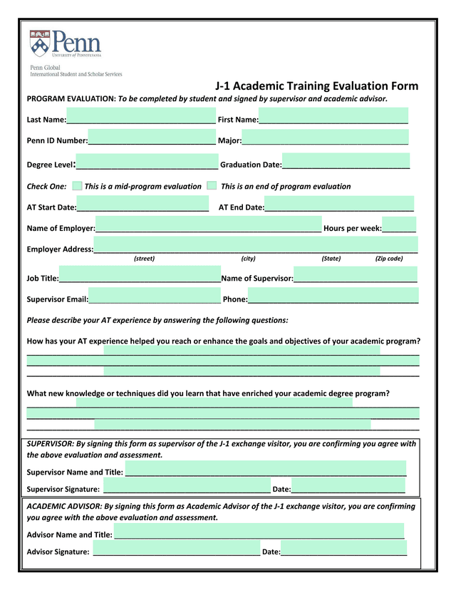 J 1 Academic Training Evaluation Form screenshot