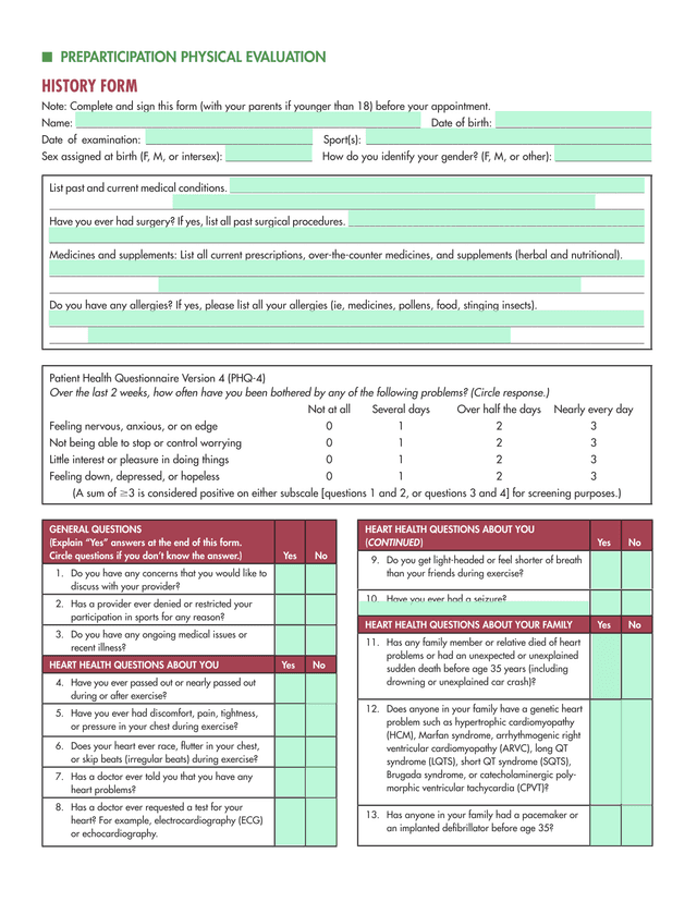 PREPARTICIPATION PHYSICAL EVALUATION HISTORY FORM screenshot