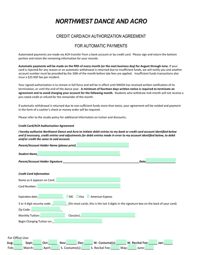 NORTHWEST DANCE AND ACRO CREDIT CARDACH AUTHORIZATION AGREEMENT screenshot