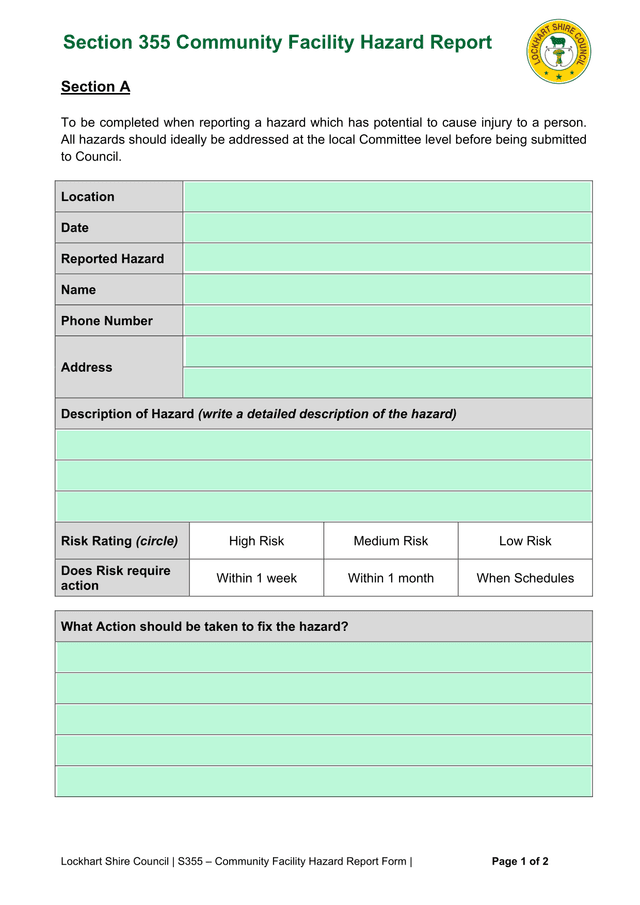 S355  Community Facility Hazard Report Form screenshot
