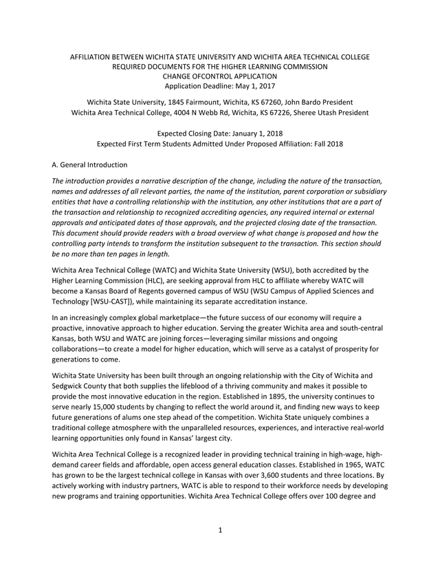 Affiliation Between Wichita State University And Wichita Area Technical College screenshot
