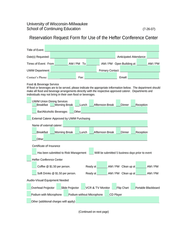 Reservation Request Form For Use Of The Hefter Conference Center screenshot