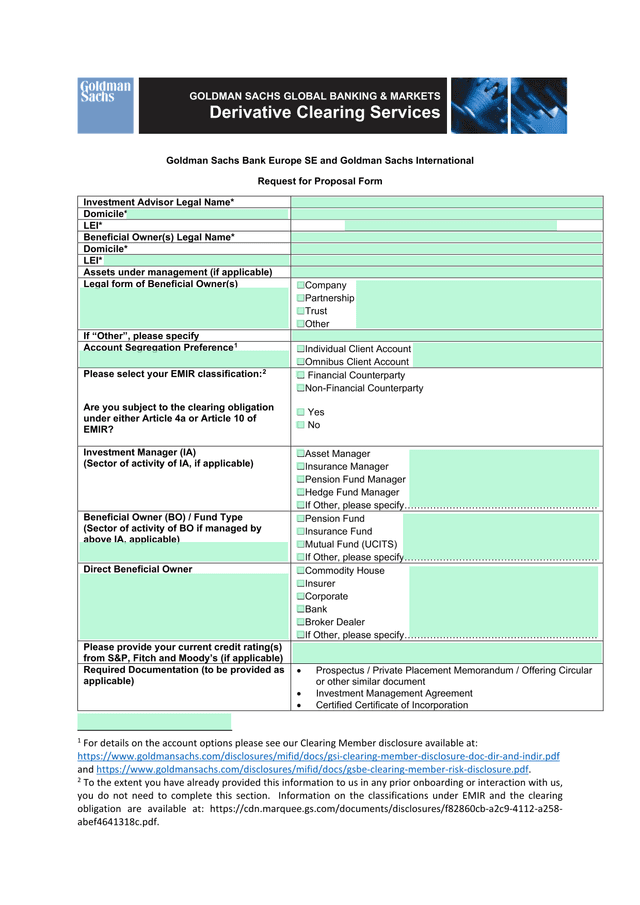 Goldman Sachs Global Banking  Markets Derivative Clearing Services Request For Proposal Form screenshot