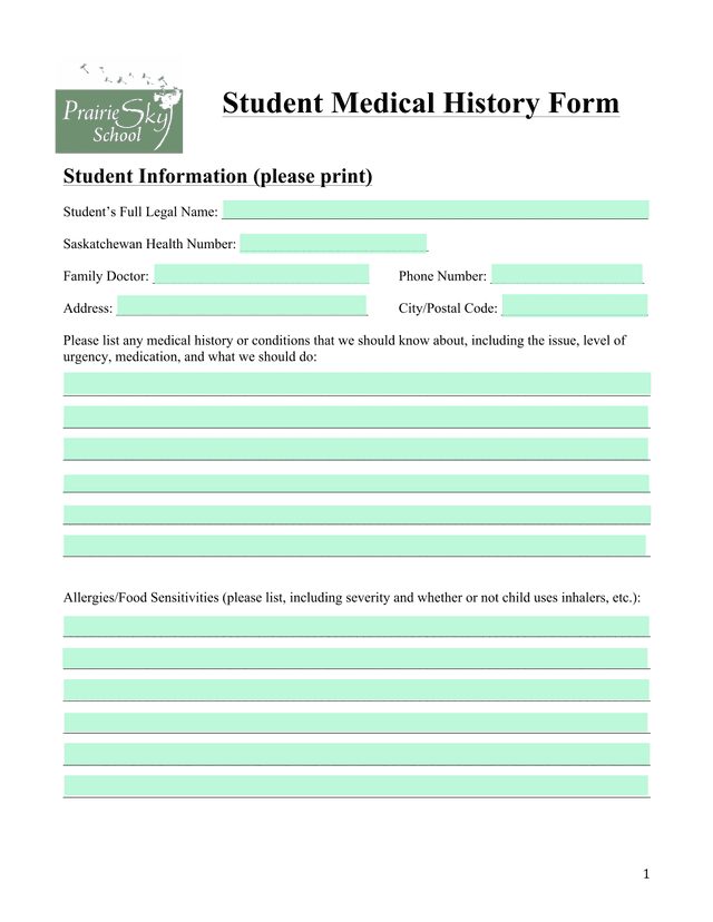 Student Medical History Form screenshot